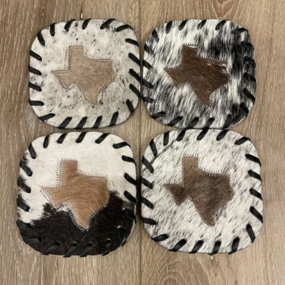 NWT Texas Cowhide Leather Coasters ~ Set of 4
